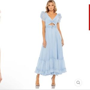 Mac Duggal Blue Silver metallic tread cut out maxi dress gown size 4